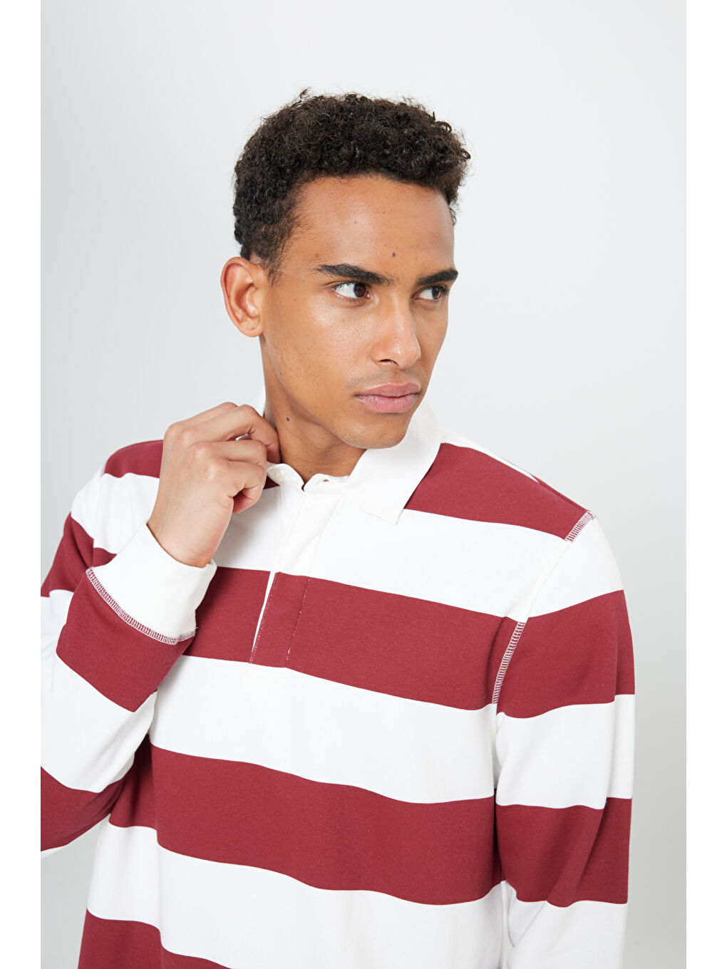 Erkek Ekru-Bordo Standart Fit Normal Kesim Polo Yaka Pamuklu Sweatshirt-7