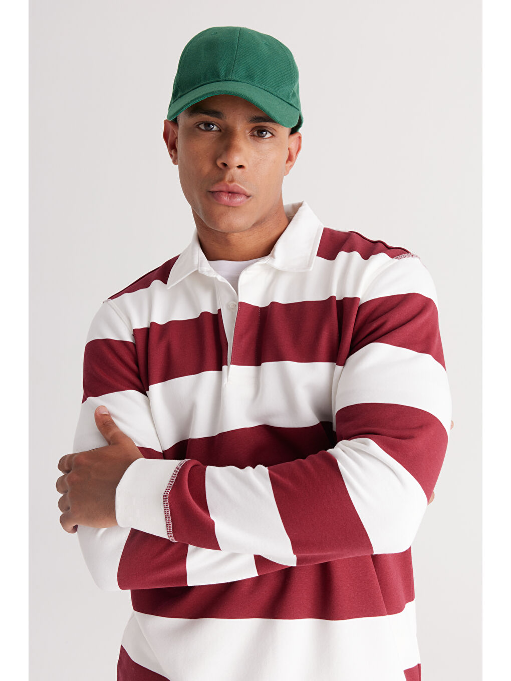 Erkek Ekru-Bordo Standart Fit Normal Kesim Polo Yaka Pamuklu Sweatshirt-8