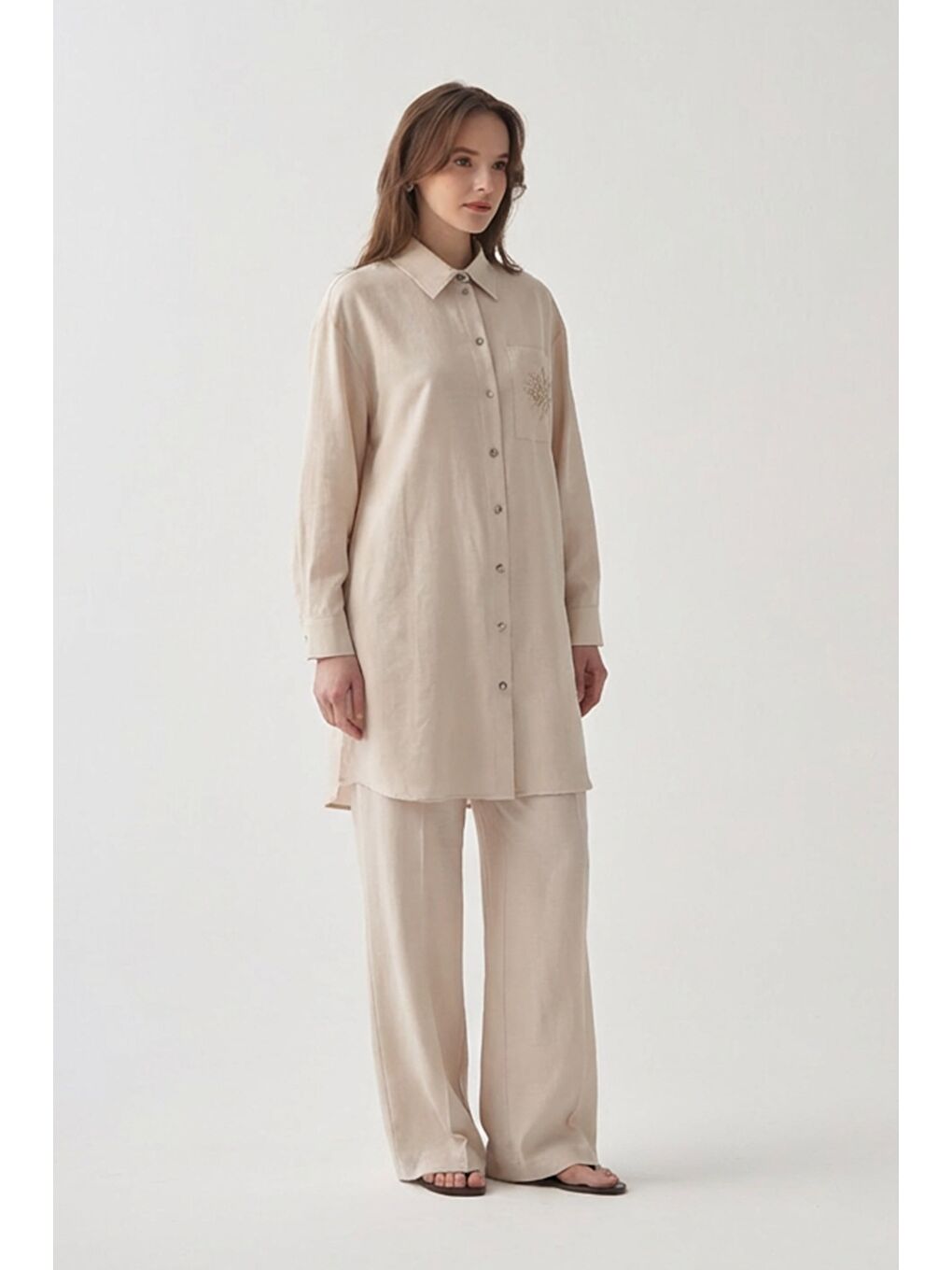 Bej Taş-Lazer Kesim Detaylı Keten Gömlek-2
