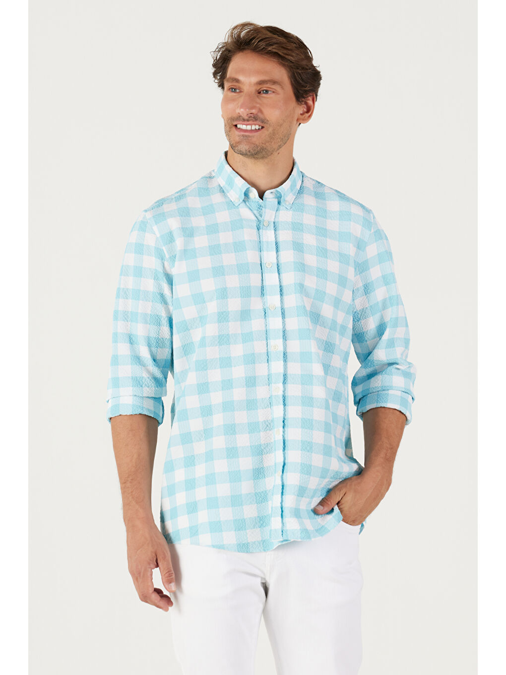 Mavi Erkek Beyaz Mint Slim Fit Dar Kesim Düğmeli Yaka Gofre Desenli Gömlek