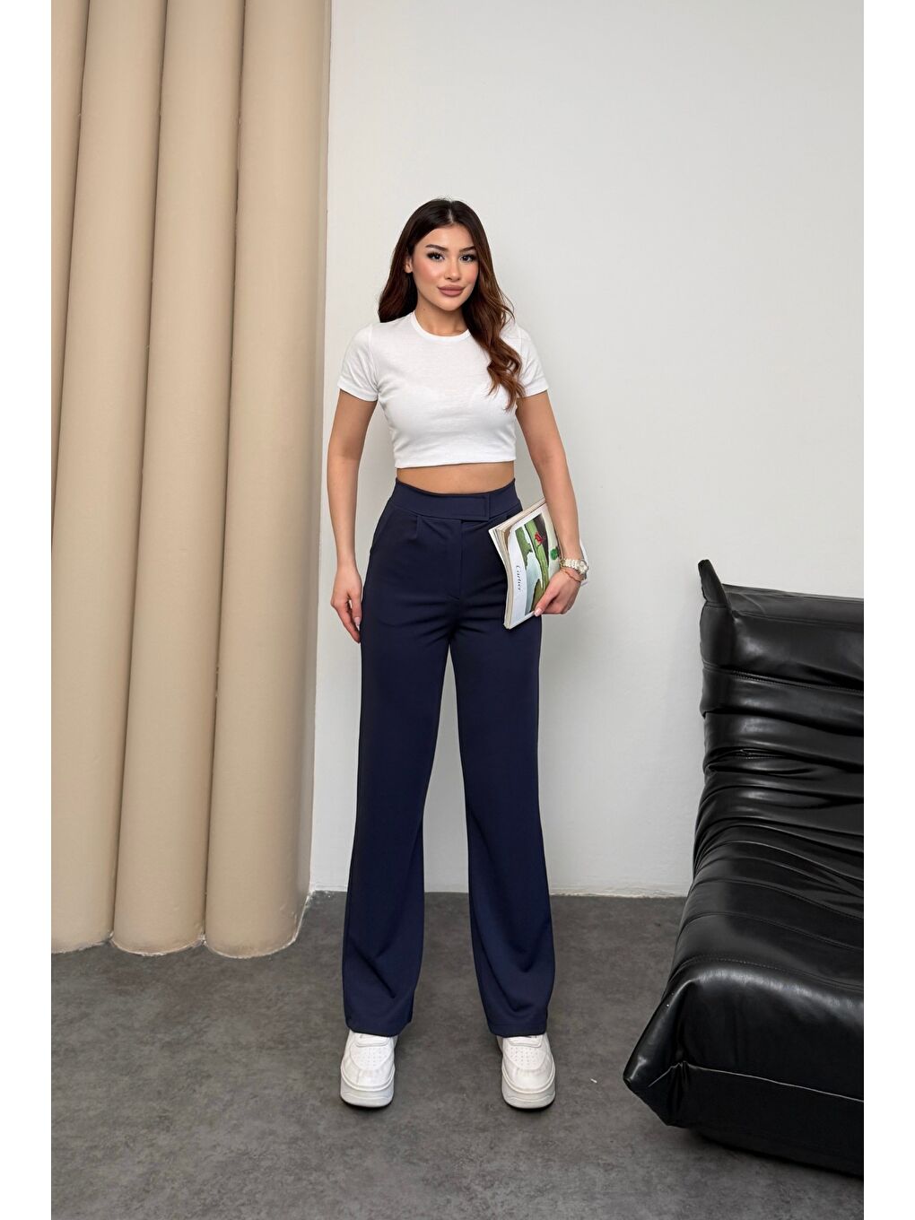 Kadın Yüksek Bel Cırt Kapama Beli Lastikli Fermuarlı Cepli Elastanlı Lacivert Palazzo Pantolon-1