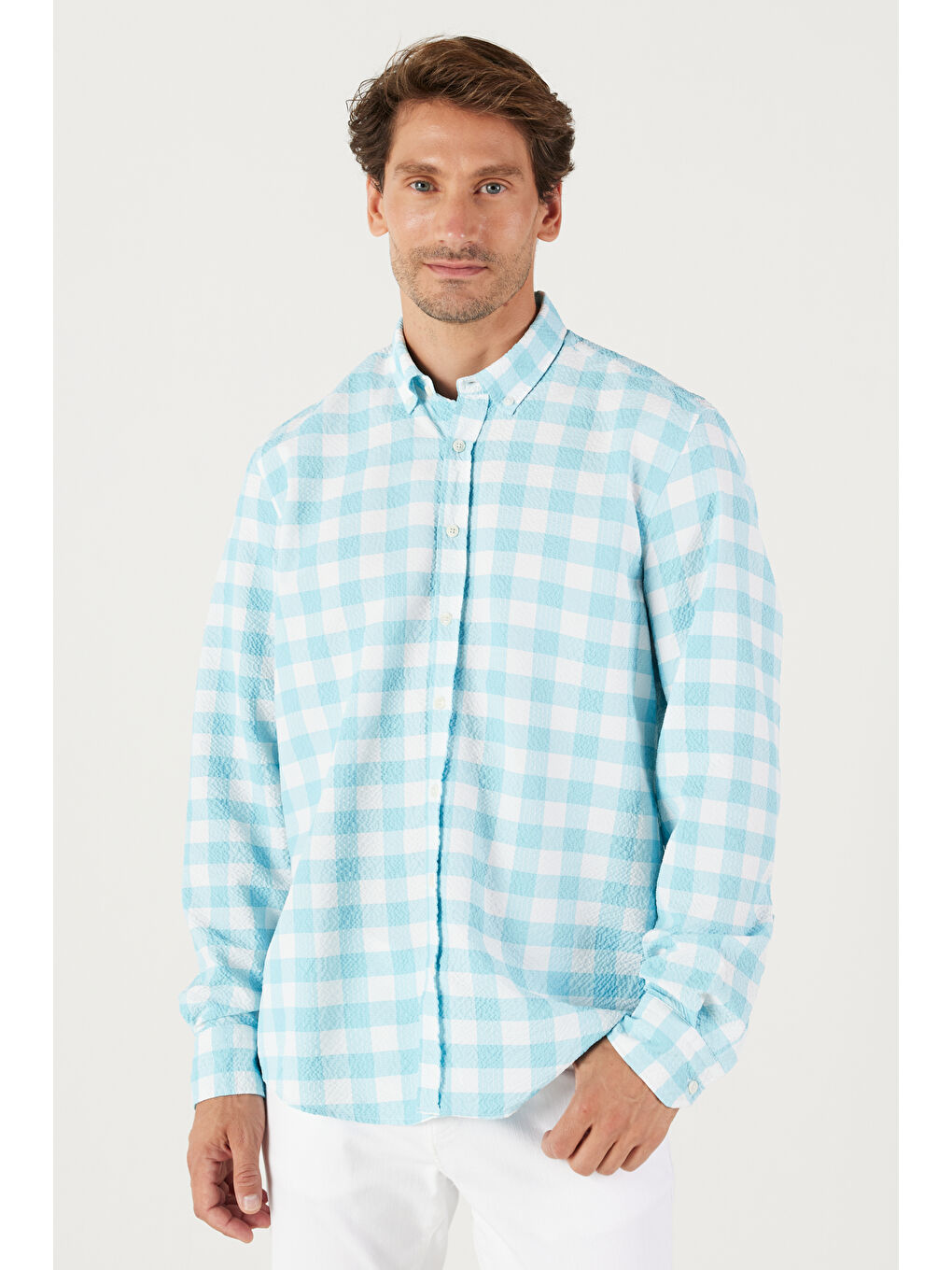 Mavi Erkek Beyaz Mint Slim Fit Dar Kesim Düğmeli Yaka Gofre Desenli Gömlek-1