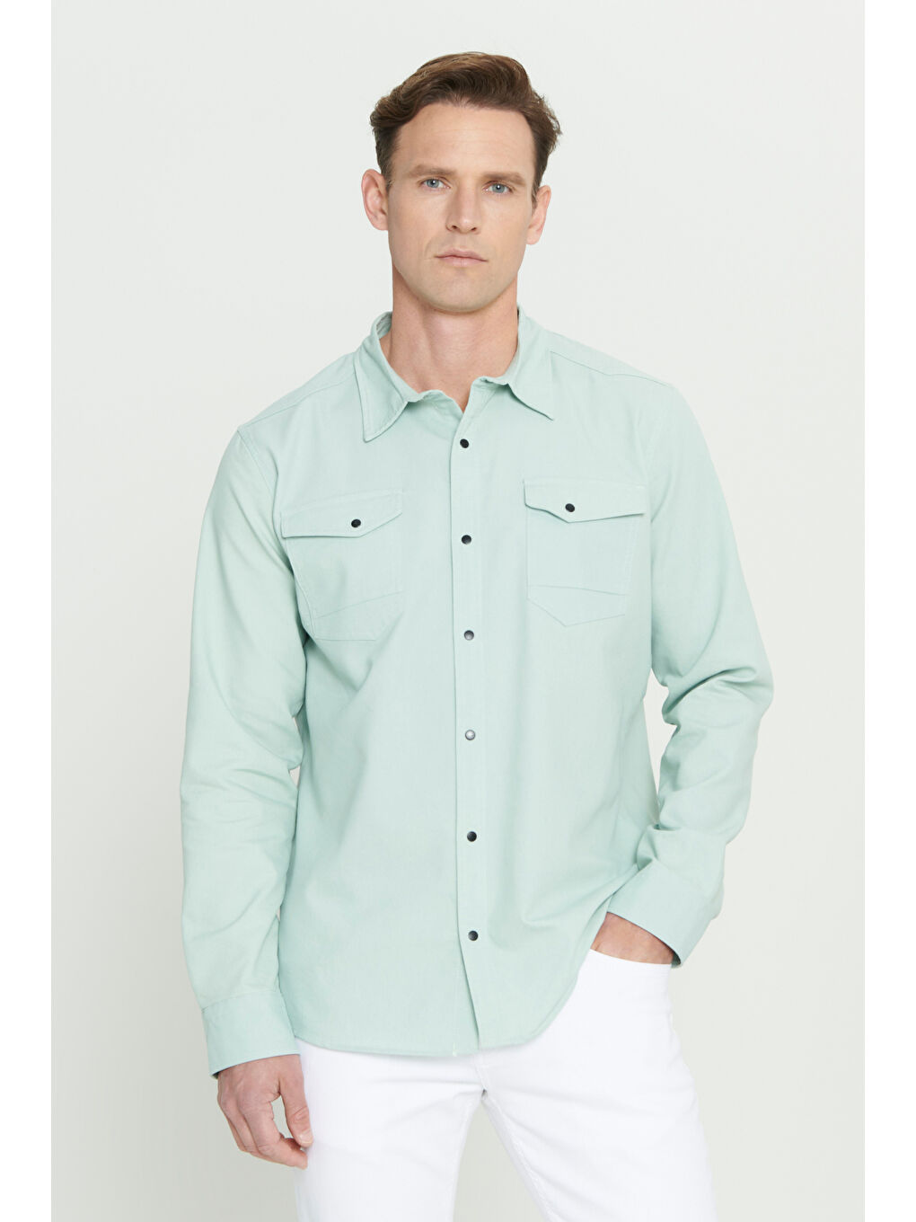 Erkek Su Yeşili Slim Fit Dar Kesim Klasik Yaka Pamuk Karışımlı Gömlek
