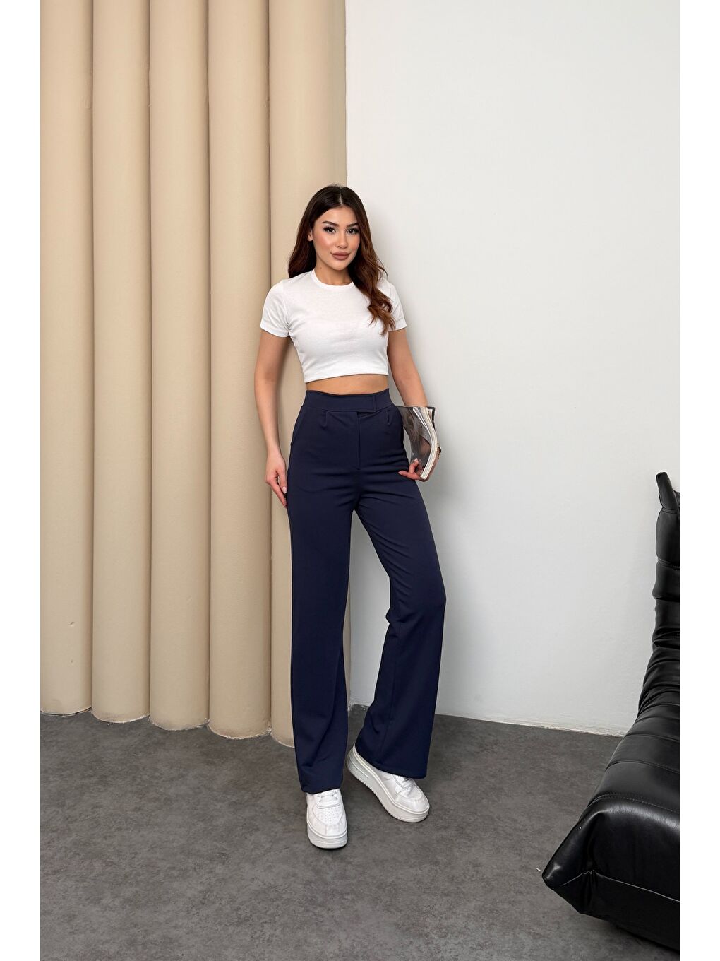 Kadın Yüksek Bel Cırt Kapama Beli Lastikli Fermuarlı Cepli Elastanlı Lacivert Palazzo Pantolon-2