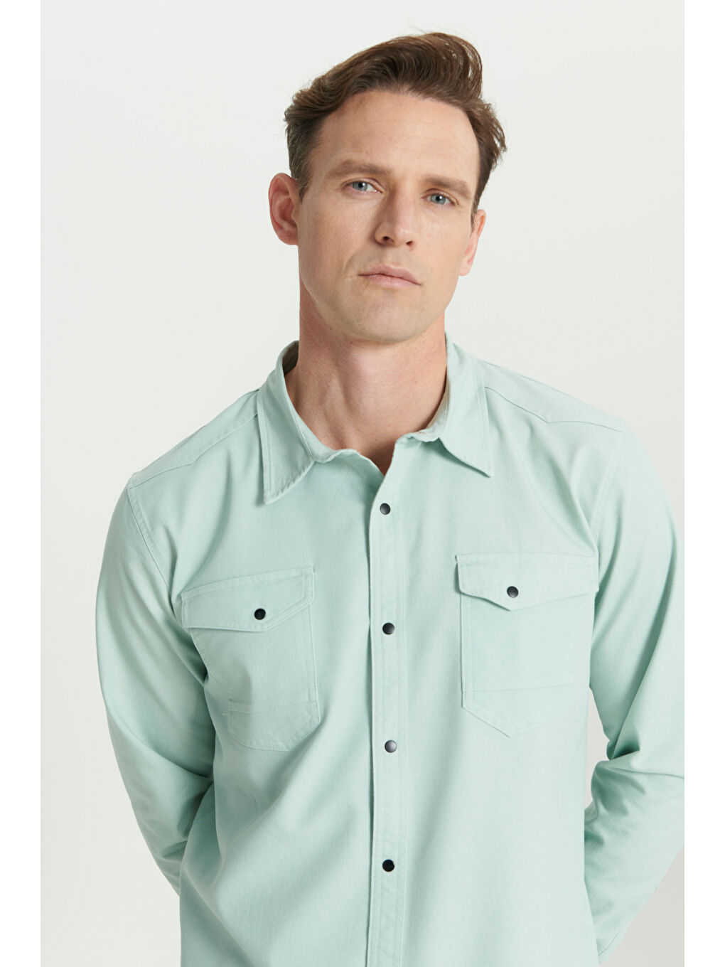 Erkek Su Yeşili Slim Fit Dar Kesim Klasik Yaka Pamuk Karışımlı Gömlek-3