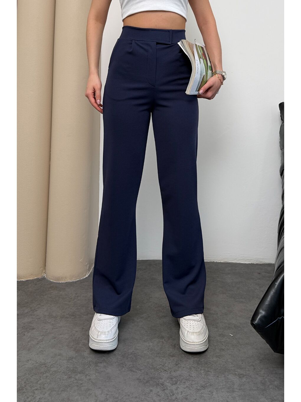 Kadın Yüksek Bel Cırt Kapama Beli Lastikli Fermuarlı Cepli Elastanlı Lacivert Palazzo Pantolon-3