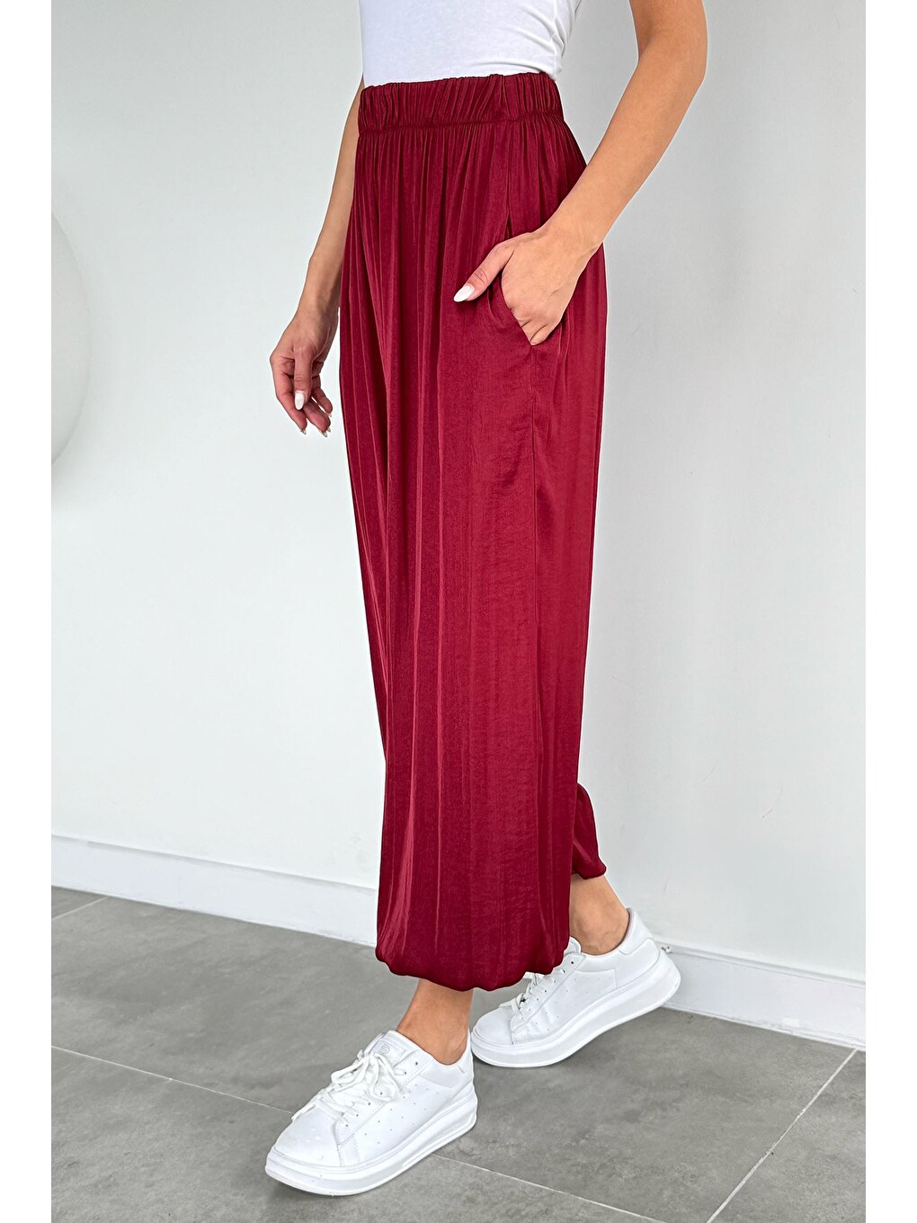 Bordo Kadın Bel Ve Paça Lastikli Şalvar Model Pantolon-1