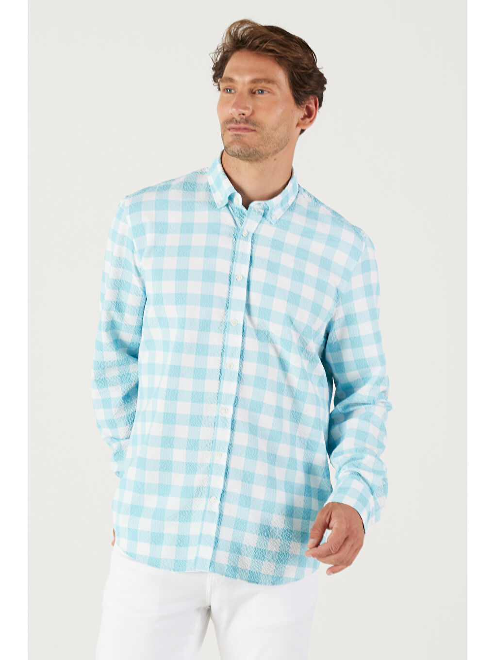 Mavi Erkek Beyaz Mint Slim Fit Dar Kesim Düğmeli Yaka Gofre Desenli Gömlek-2