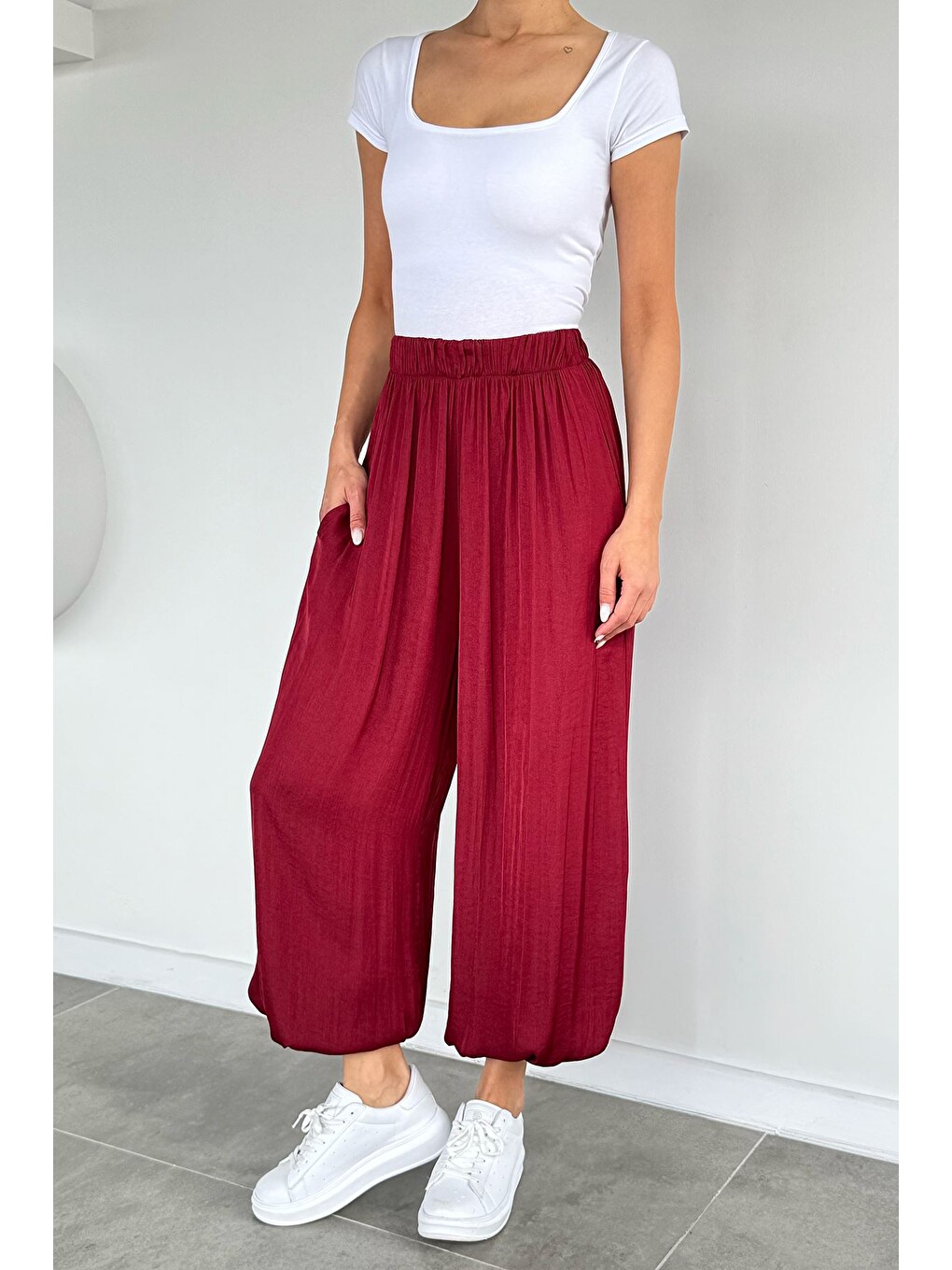 Bordo Kadın Bel Ve Paça Lastikli Şalvar Model Pantolon-2