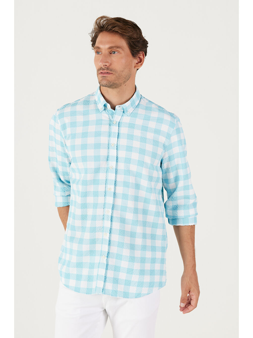 Mavi Erkek Beyaz Mint Slim Fit Dar Kesim Düğmeli Yaka Gofre Desenli Gömlek-3