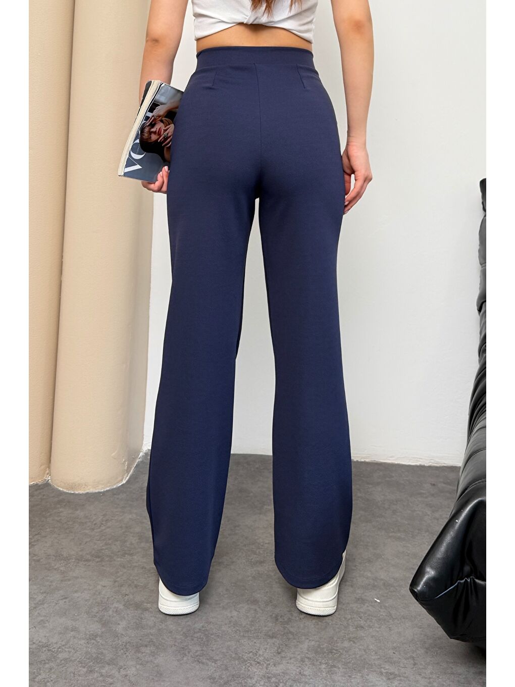 Kadın Yüksek Bel Cırt Kapama Beli Lastikli Fermuarlı Cepli Elastanlı Lacivert Palazzo Pantolon-5