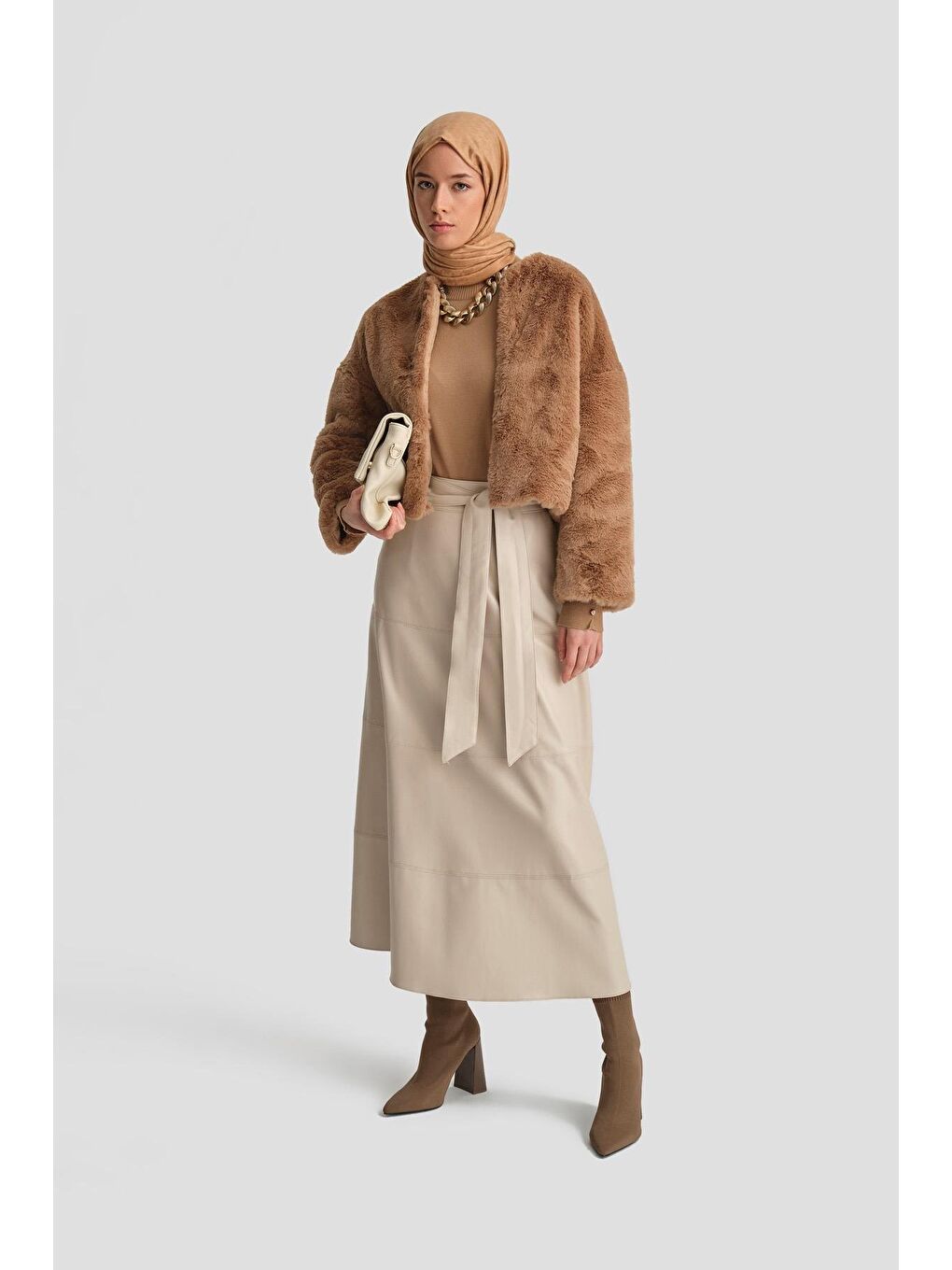 Bağlamalı Deri Etek 24K1706 Bej-1