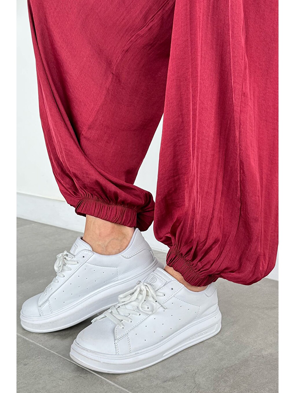 Bordo Kadın Bel Ve Paça Lastikli Şalvar Model Pantolon-4