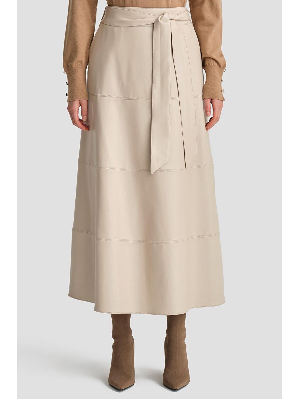 Bağlamalı Deri Etek 24K1706 Bej-2