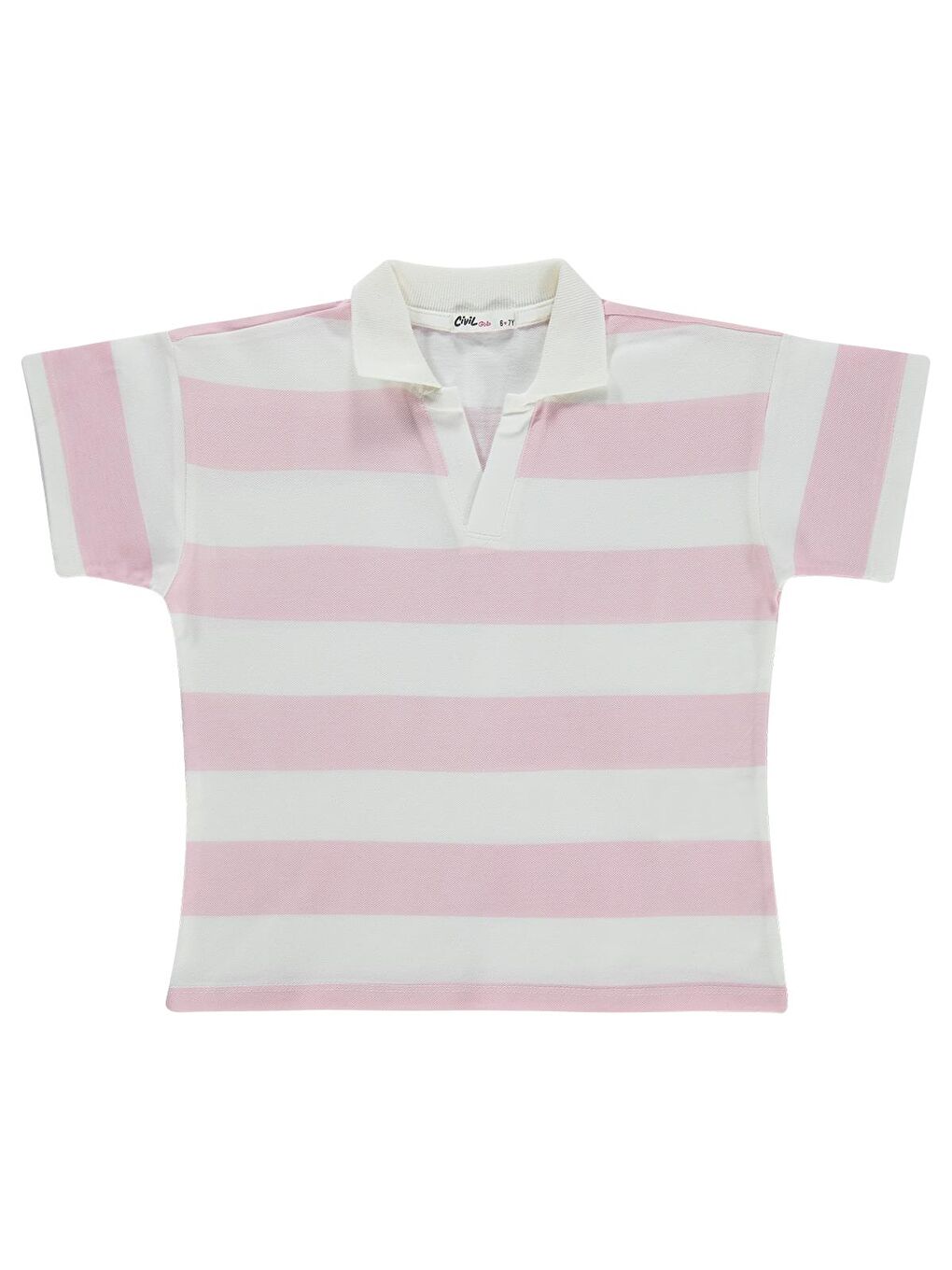 Pembe Girls Çizgili Polo Yaka 10-13 Yaş Tişört - Pudra