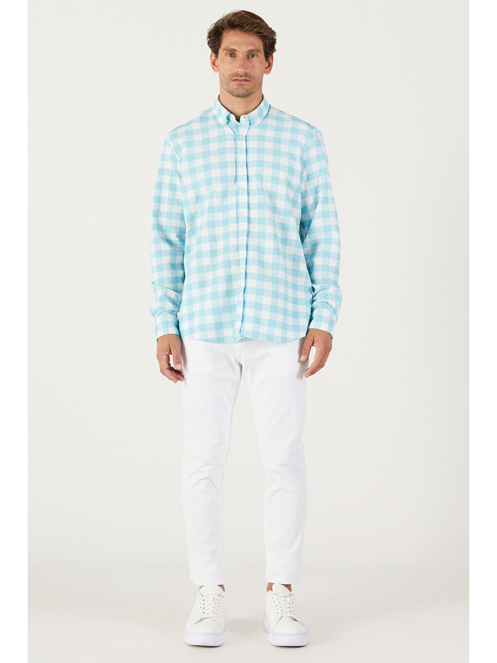 Mavi Erkek Beyaz Mint Slim Fit Dar Kesim Düğmeli Yaka Gofre Desenli Gömlek-5