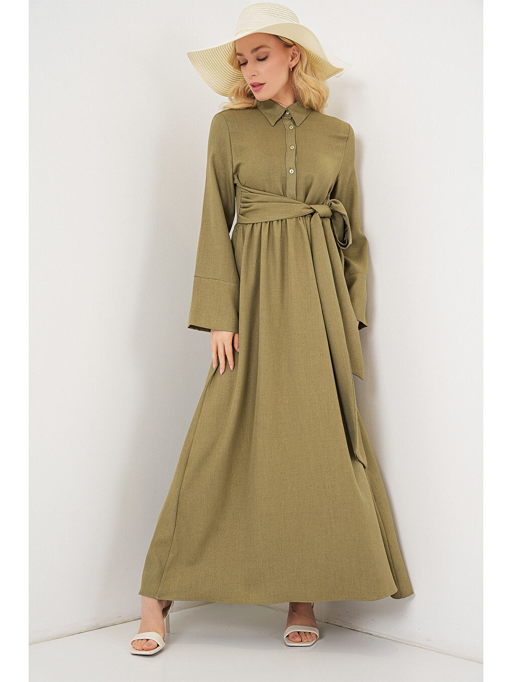 Yeşil Kadın Önü Bağlamalı Keten Elbise 2574 - Çağla-1