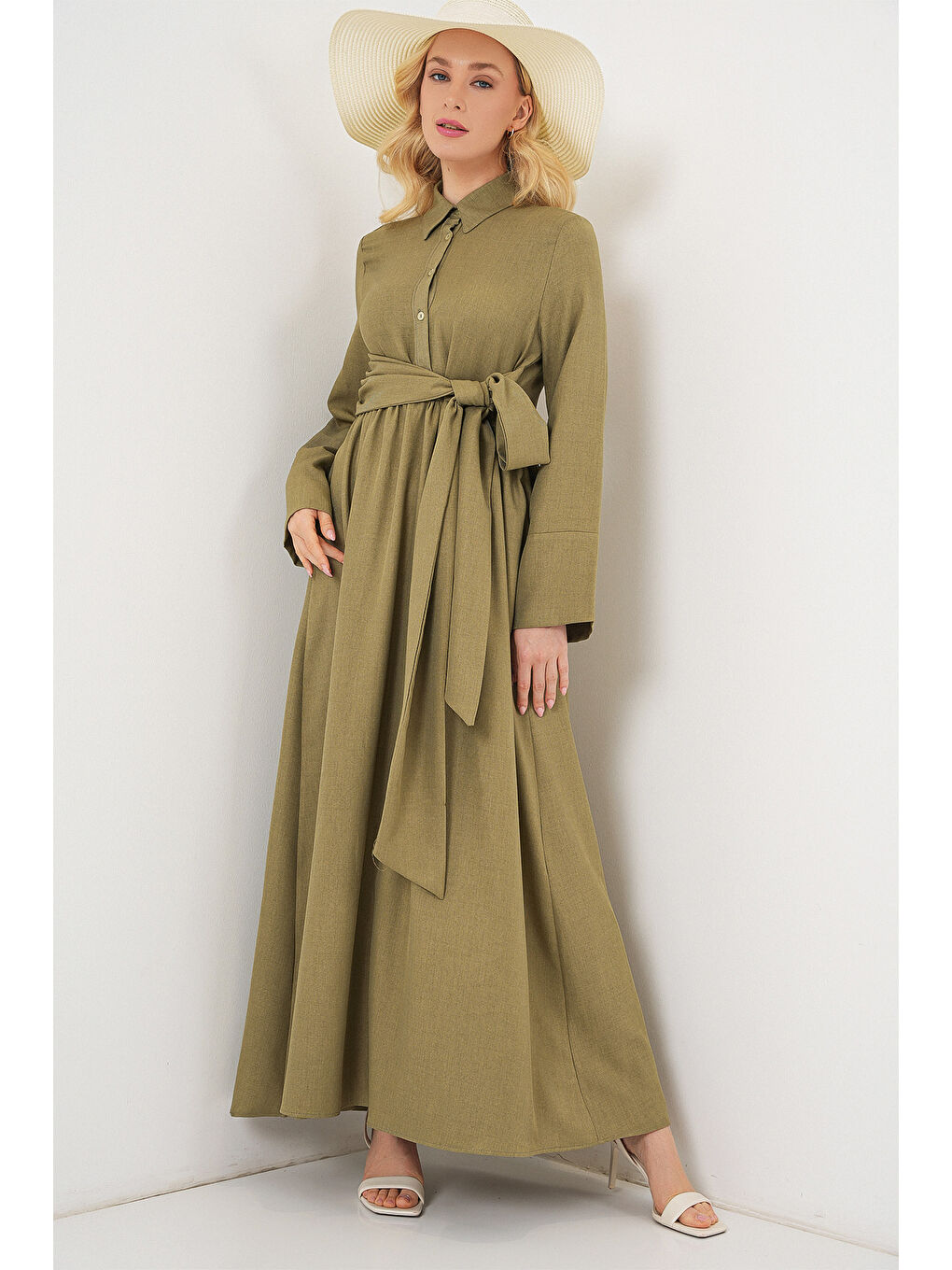 Yeşil Kadın Önü Bağlamalı Keten Elbise 2574 - Çağla-2