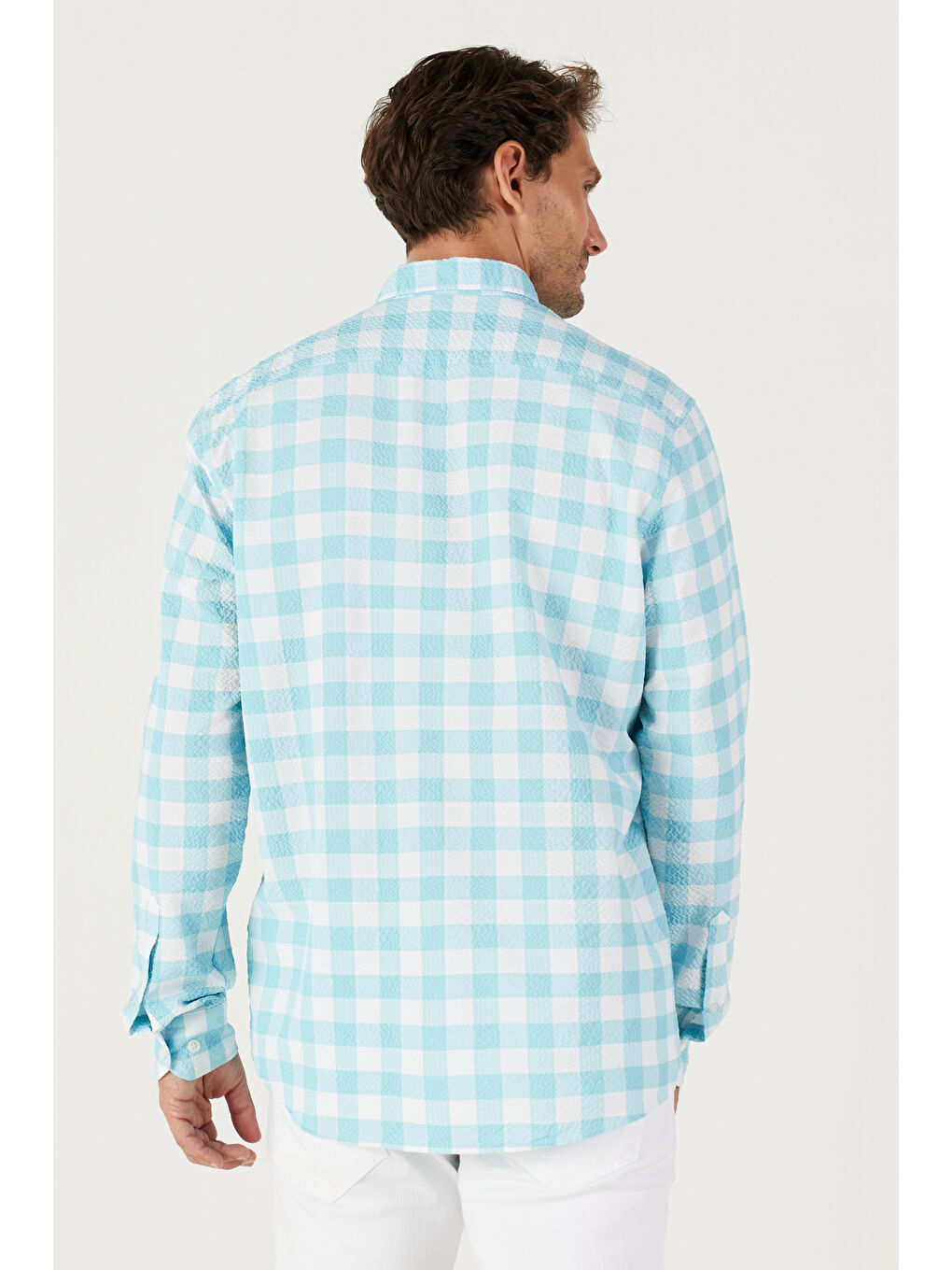 Mavi Erkek Beyaz Mint Slim Fit Dar Kesim Düğmeli Yaka Gofre Desenli Gömlek-6