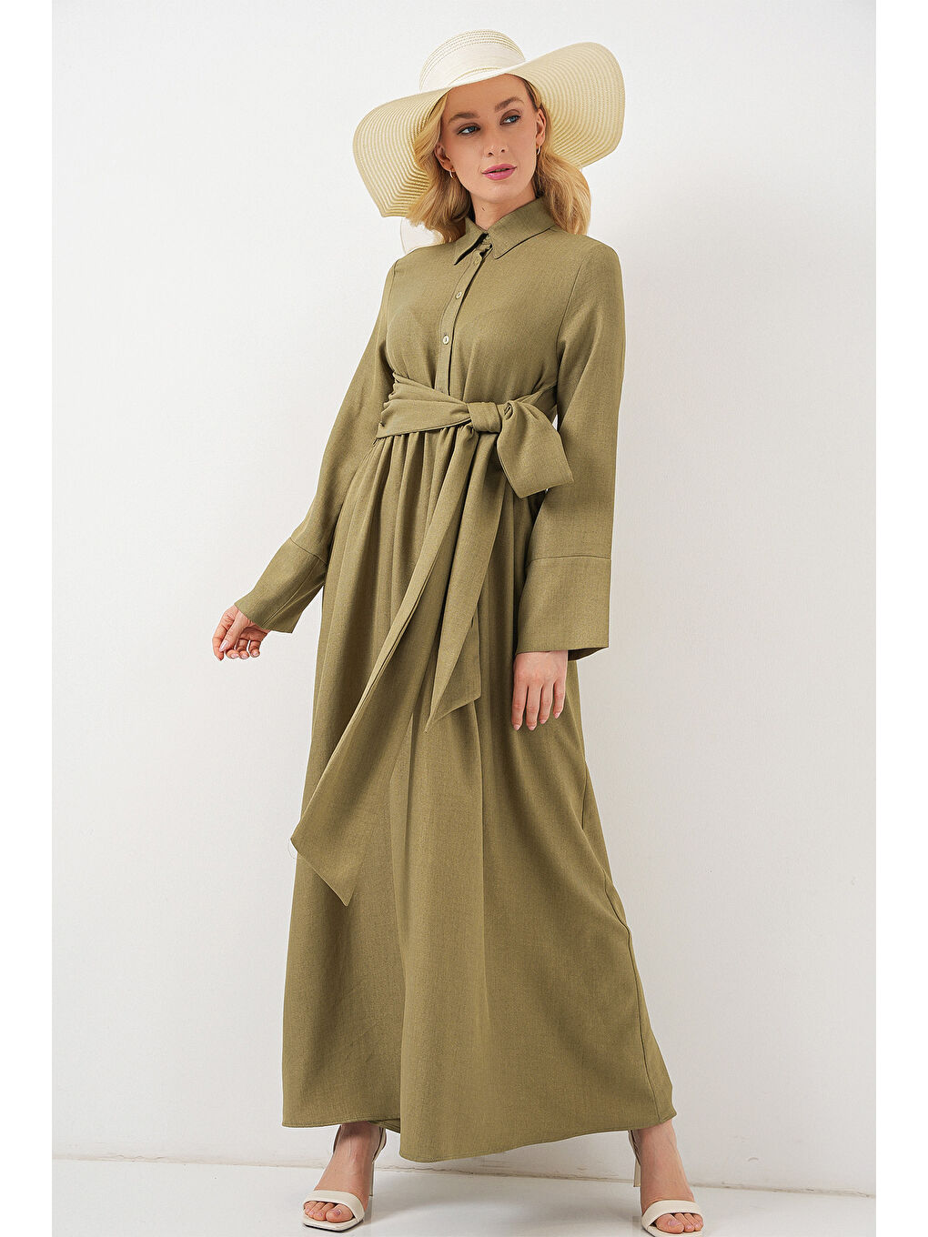 Yeşil Kadın Önü Bağlamalı Keten Elbise 2574 - Çağla-3