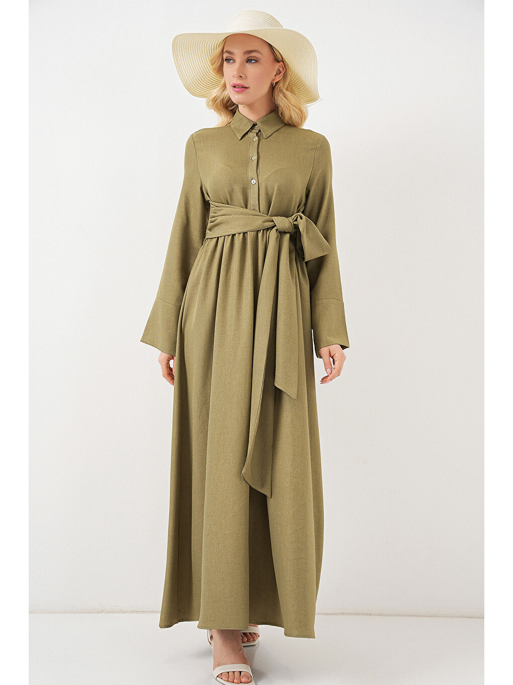 Yeşil Kadın Önü Bağlamalı Keten Elbise 2574 - Çağla-4