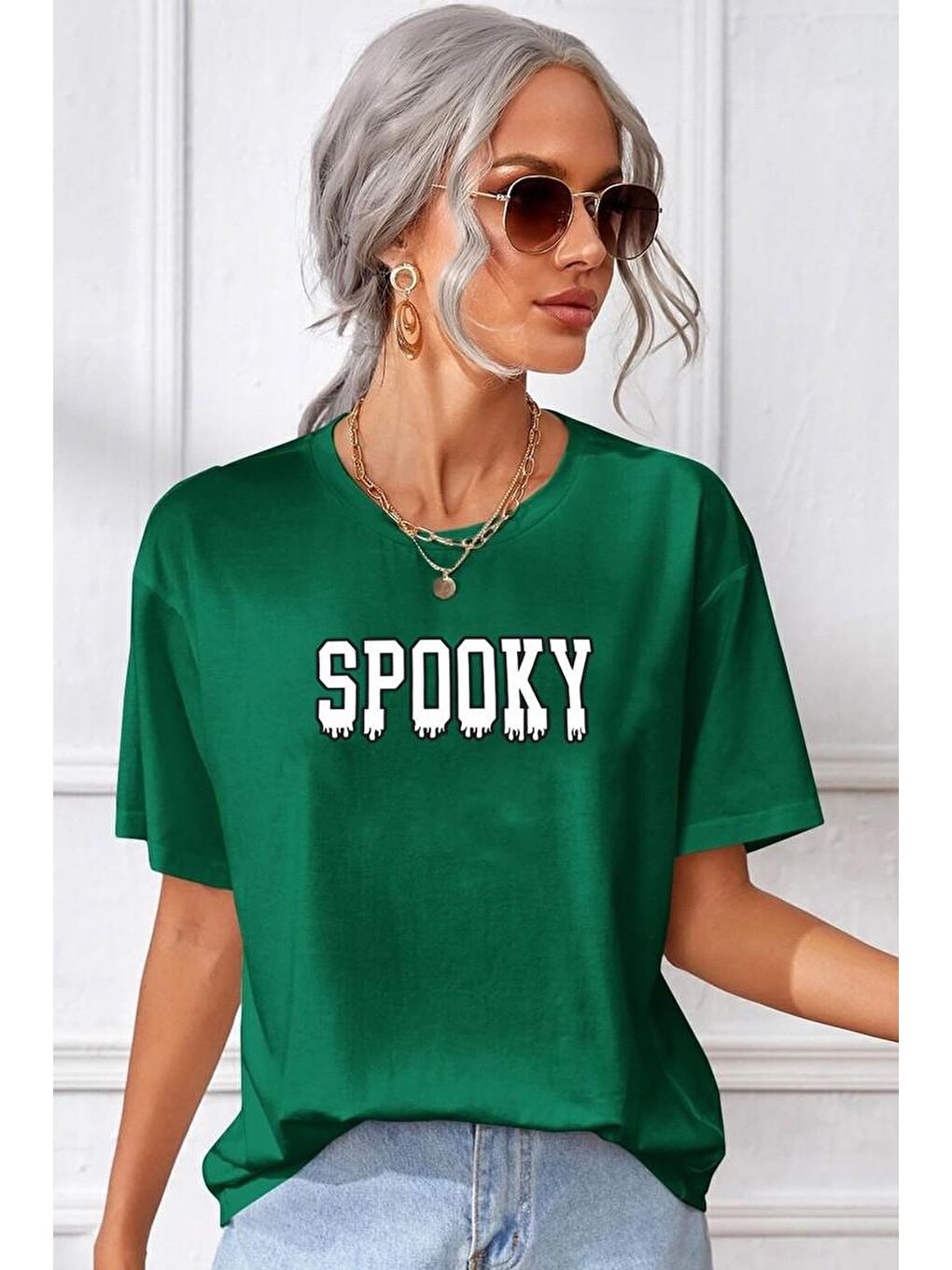 uyguntarz Yeşil Unisex Spooky Baskılı T-shirt