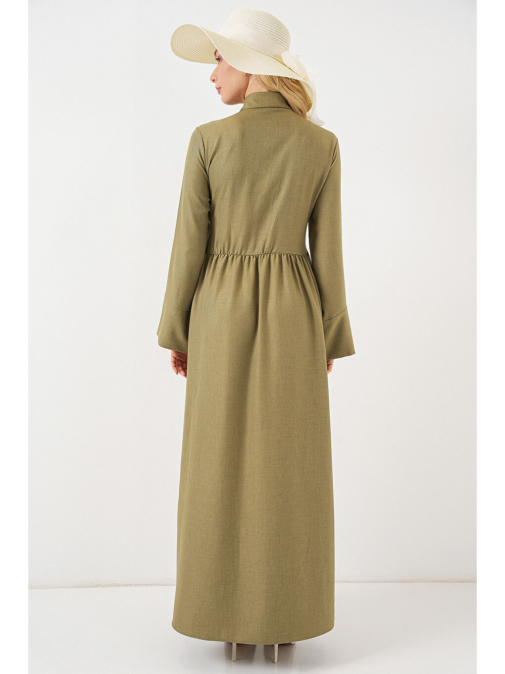 Yeşil Kadın Önü Bağlamalı Keten Elbise 2574 - Çağla-6