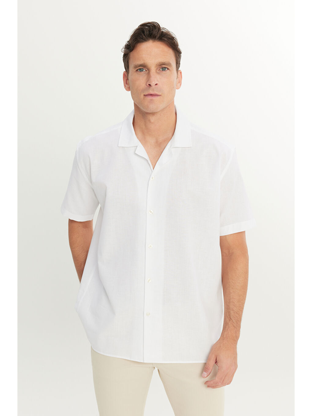 Erkek Ekru Pamuklu Keten Oversize Fit Bol Kesim Hawai Yaka Gömlek