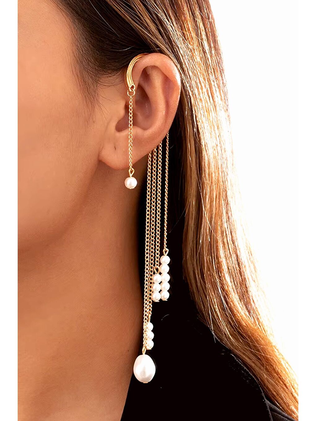 New Obsessions Sarı İnci Şöleni Kulak Deliği Gerektirmeyen Ear Cuff - Sallantılı Kıkırdak Küpesi