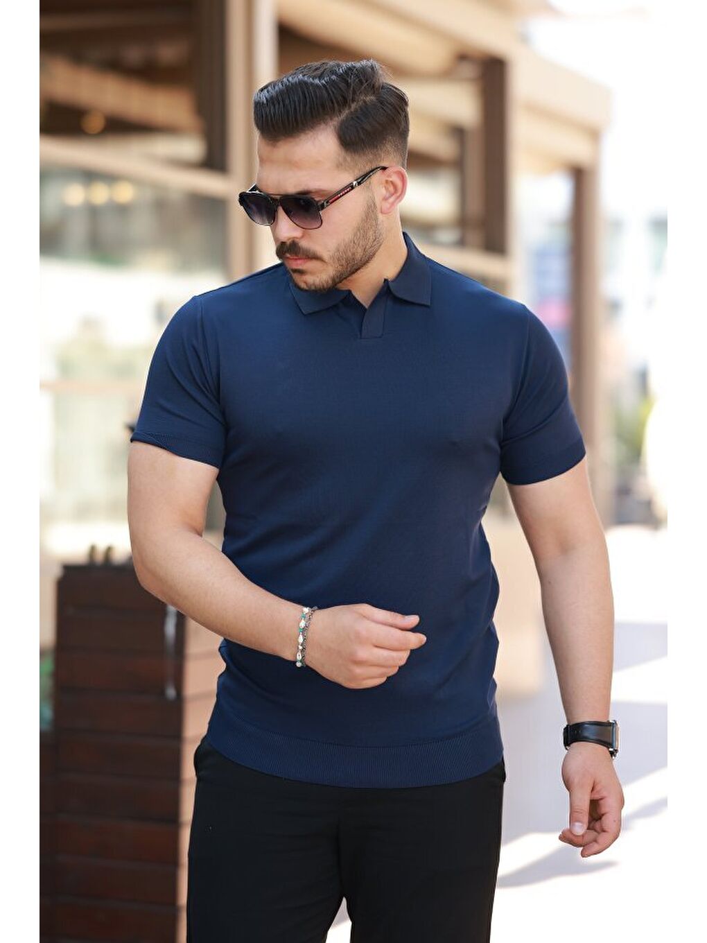 Lacivert Erkek Hemşire Yaka Kısa Kollu Tişört