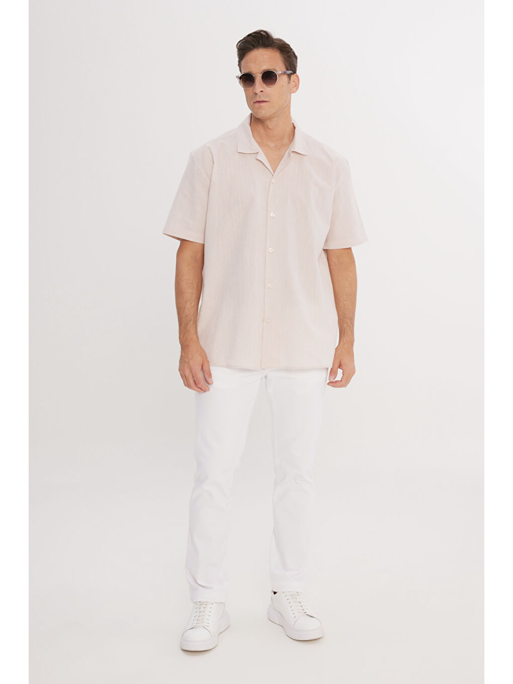 Erkek Bej Pamuklu Keten Oversize Fit Bol Kesim Hawai Yaka Gömlek-1