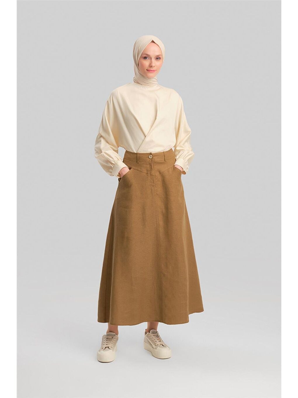 Kahverengi Cep Detaylı Keten Etek 24Y1634 Camel