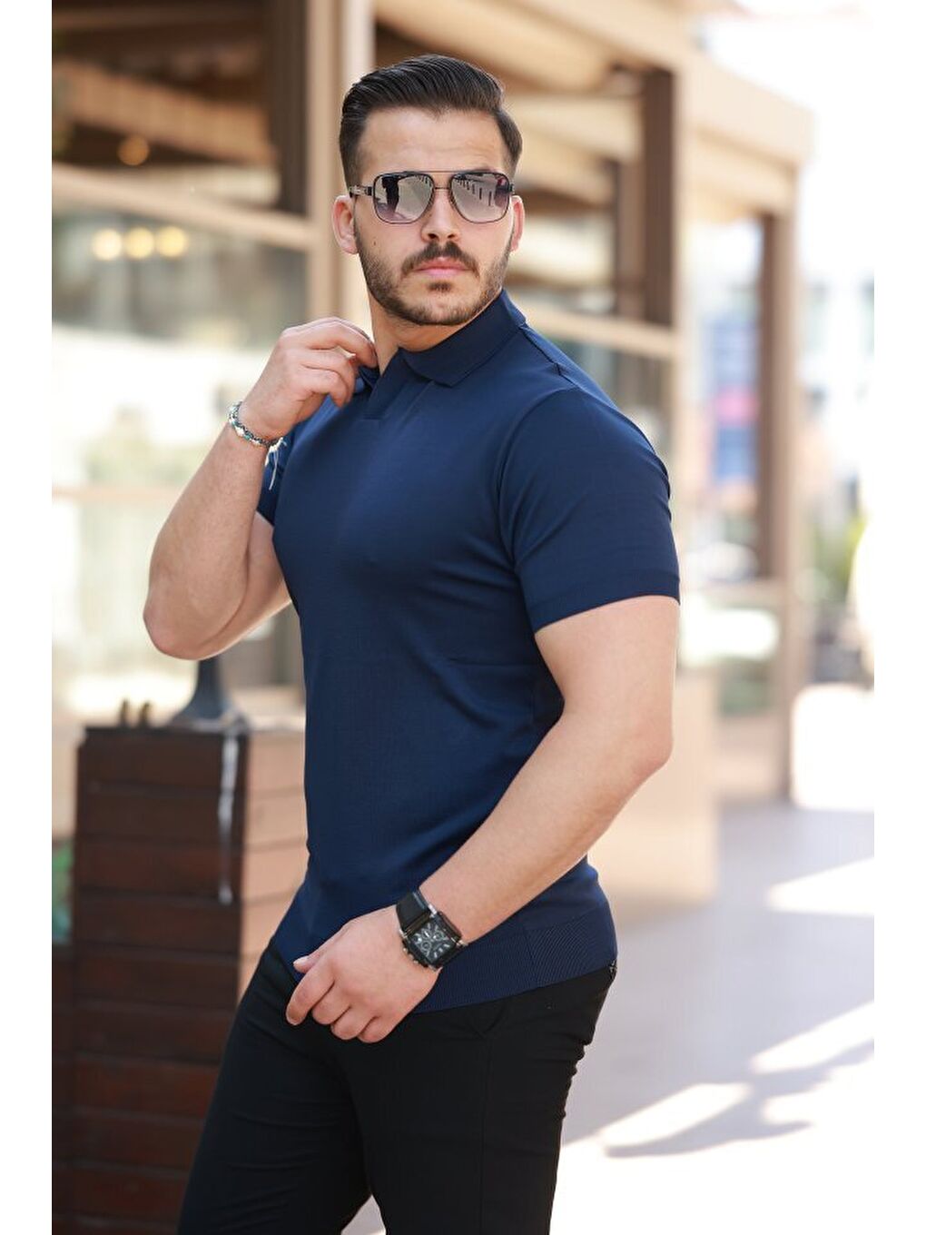 Lacivert Erkek Hemşire Yaka Kısa Kollu Tişört-1