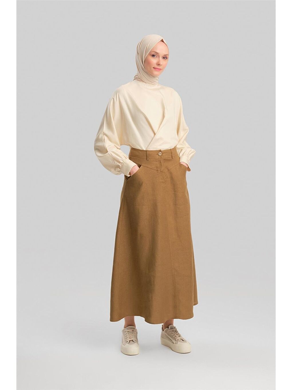 Kahverengi Cep Detaylı Keten Etek 24Y1634 Camel-1