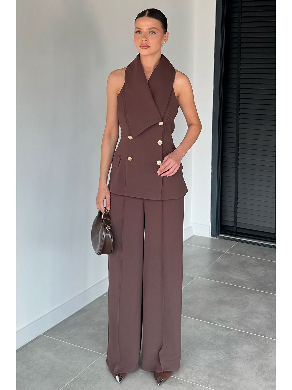 Kahverengi Perry Kadın Gold Detaylı Yelek Pantolon İkili Takım
