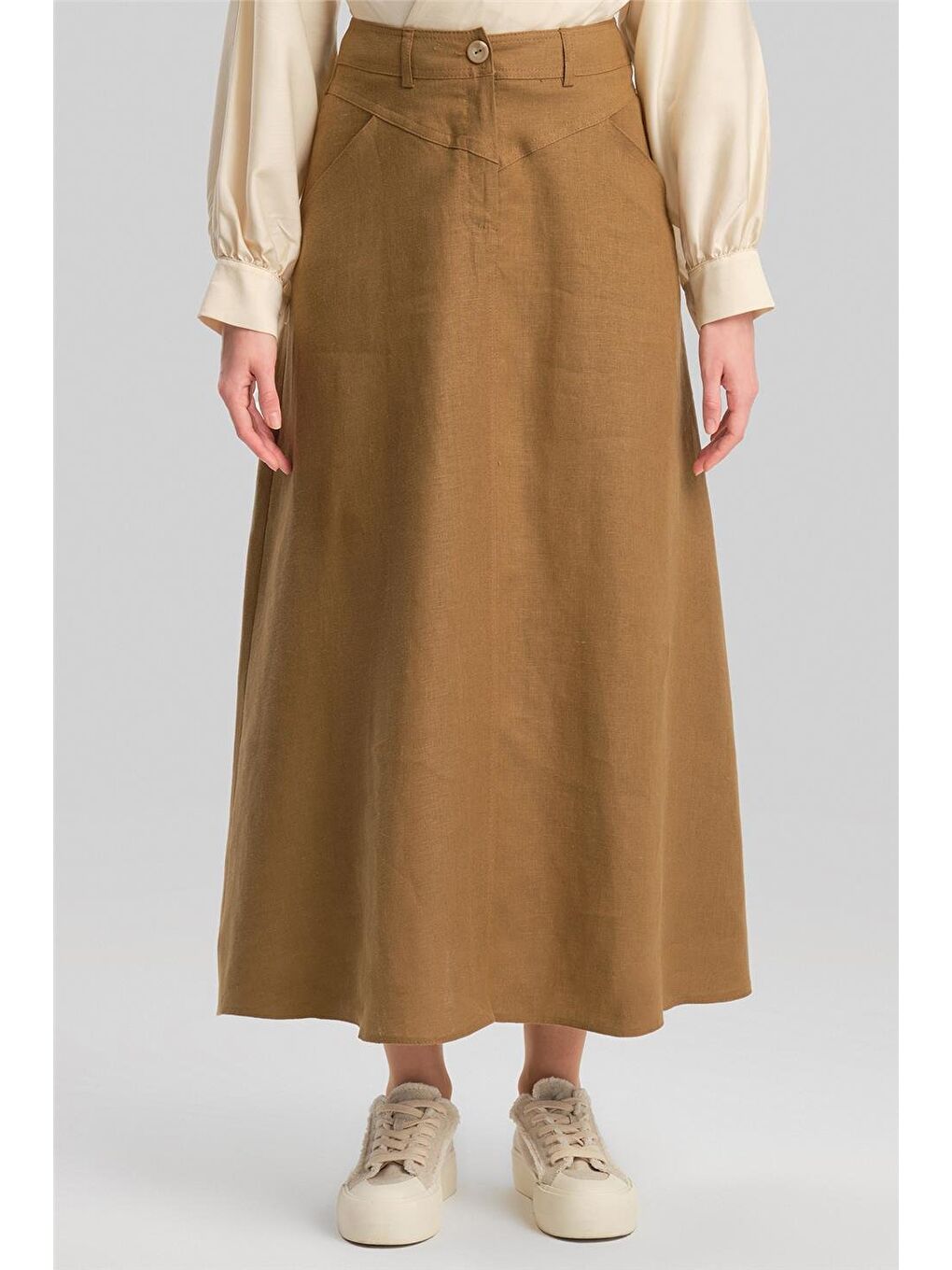 Kahverengi Cep Detaylı Keten Etek 24Y1634 Camel-2