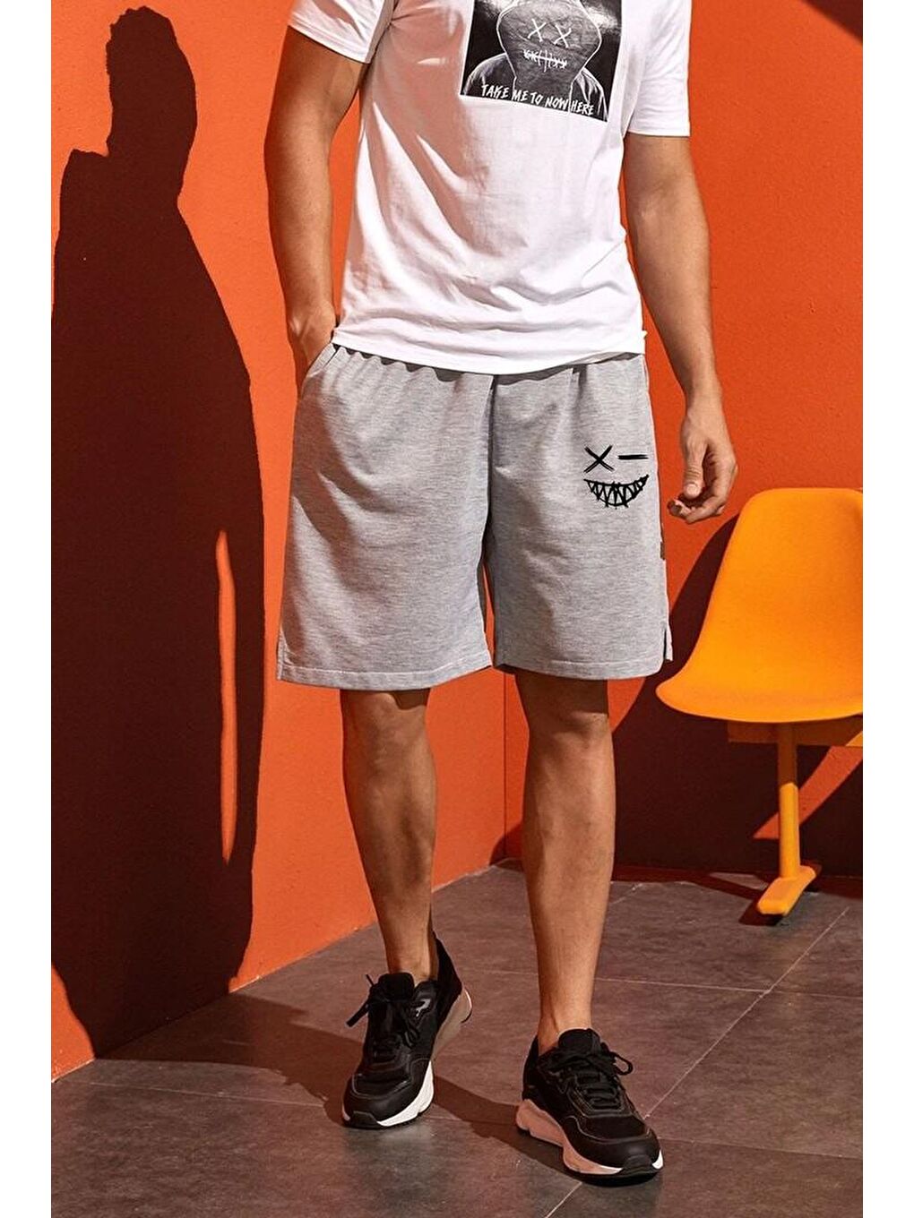 uyguntarz Gri Tasarım Baskılı Pamuk Unisex Penye Short