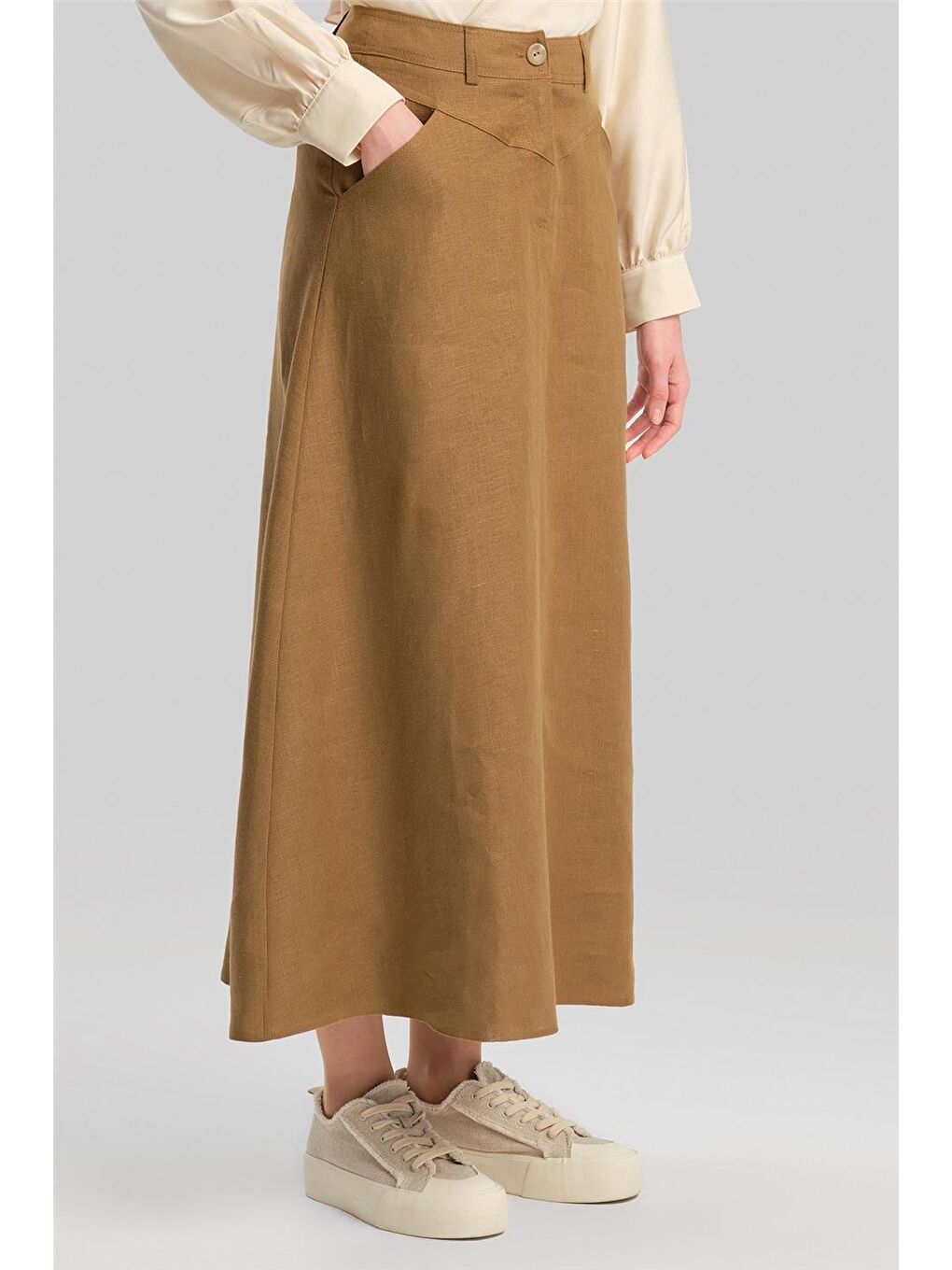Kahverengi Cep Detaylı Keten Etek 24Y1634 Camel-3