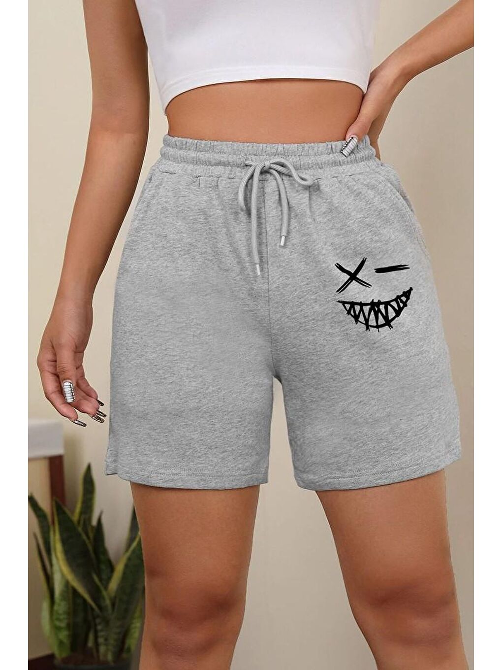 uyguntarz Gri Tasarım Baskılı Pamuk Unisex Penye Short - 1