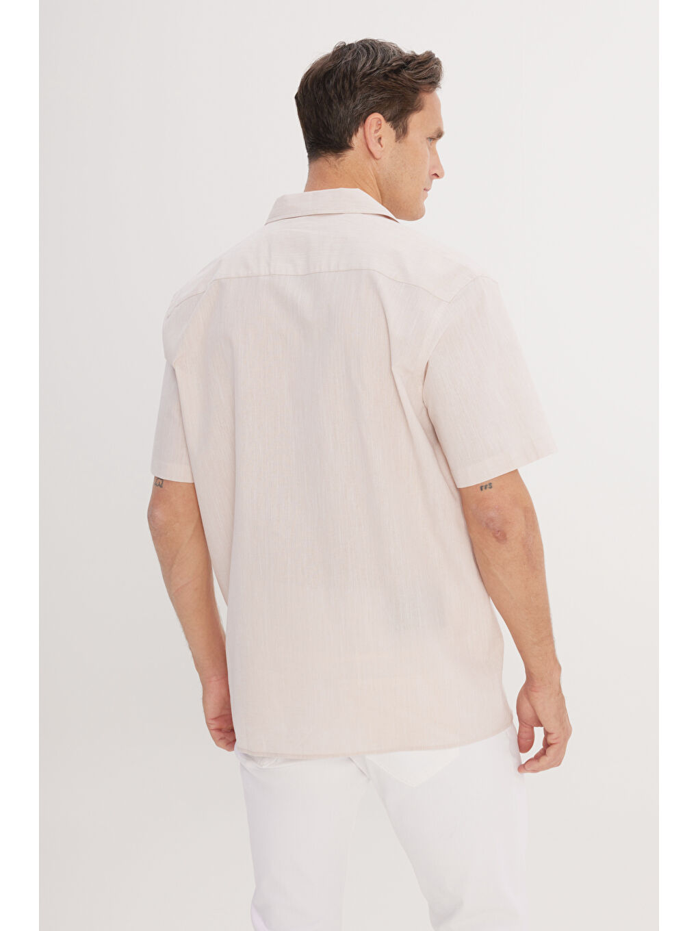 Erkek Bej Pamuklu Keten Oversize Fit Bol Kesim Hawai Yaka Gömlek-4