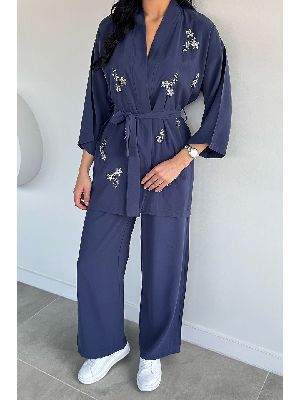 İndigo Taşlı Kimono Pantolon İkili Takım
