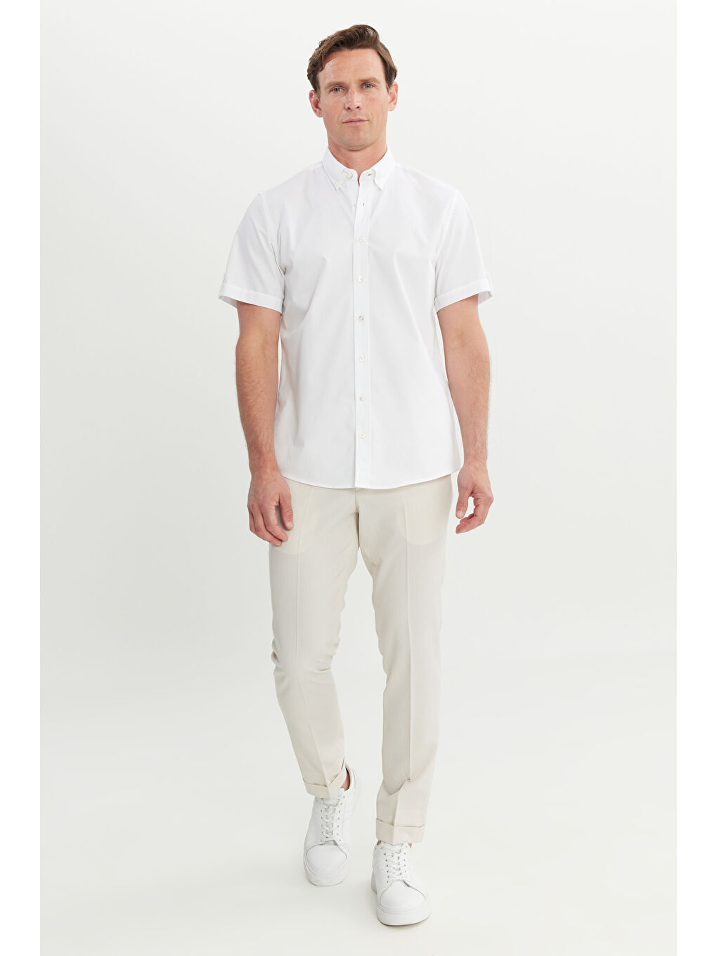 Erkek Beyaz %100 Pamuk Tailored Slim Fit Dar Kesim Düğmeli Yaka Gömlek-1