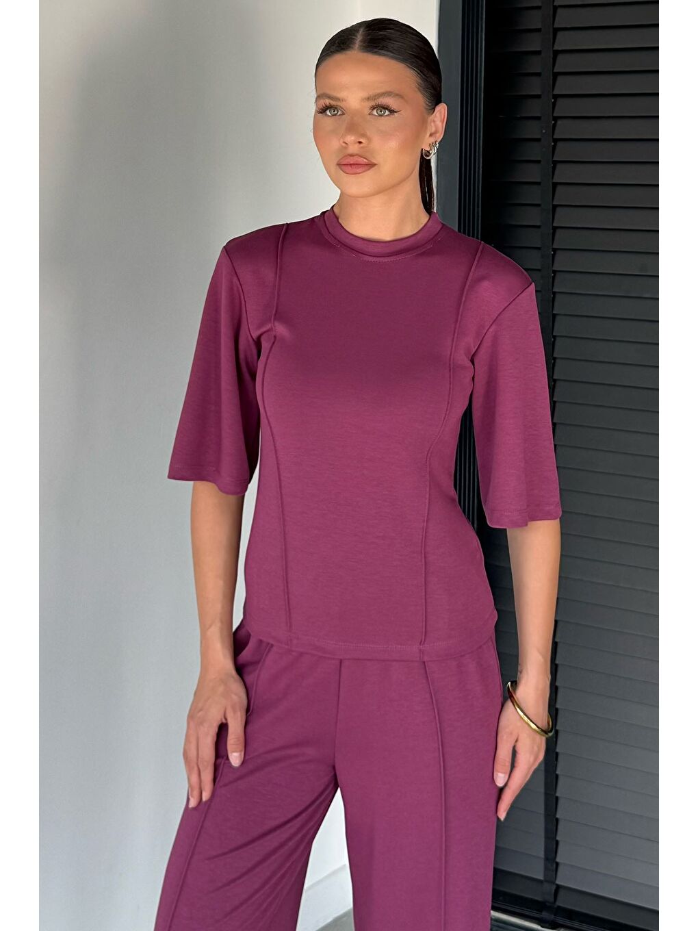 Mürdüm Kadın Bisiklet Yaka Biyeli Tişört Bel Lastikli Pantolon İkili Takım-2