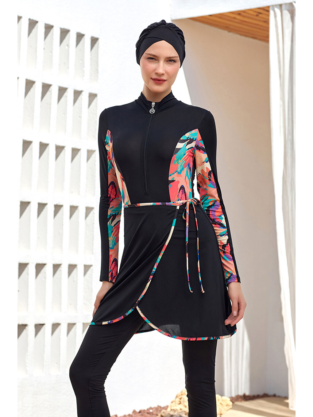 3 Farklı Şekilde Giyilebilir Elastanlı Etekli Tesettür Mayo Dora 2111 Siyah