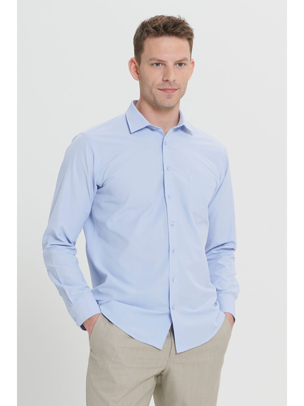 Erkek Açık Mavi Kolay Ütülenebilir Non-Iron Pamuklu Comfort Fit Geniş Kesim Klasik Yaka Gömlek-2