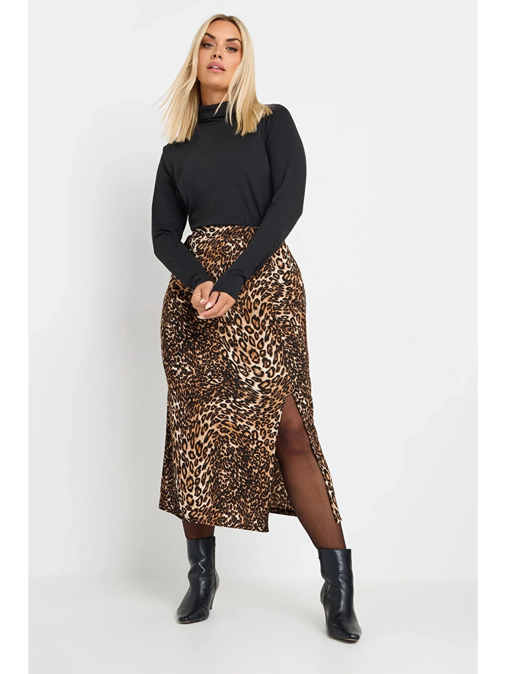 Karışık Büyük Beden Beli Lastikli Yırtmaçlı Leopar Desenli Midi Boy Etek 303706