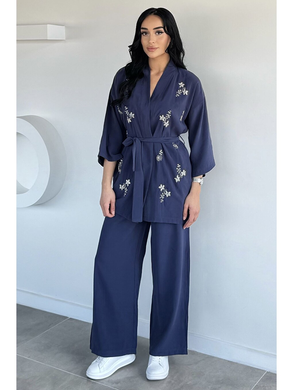 İndigo Taşlı Kimono Pantolon İkili Takım-1
