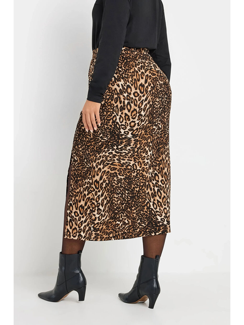 Karışık Büyük Beden Beli Lastikli Yırtmaçlı Leopar Desenli Midi Boy Etek 303706-3