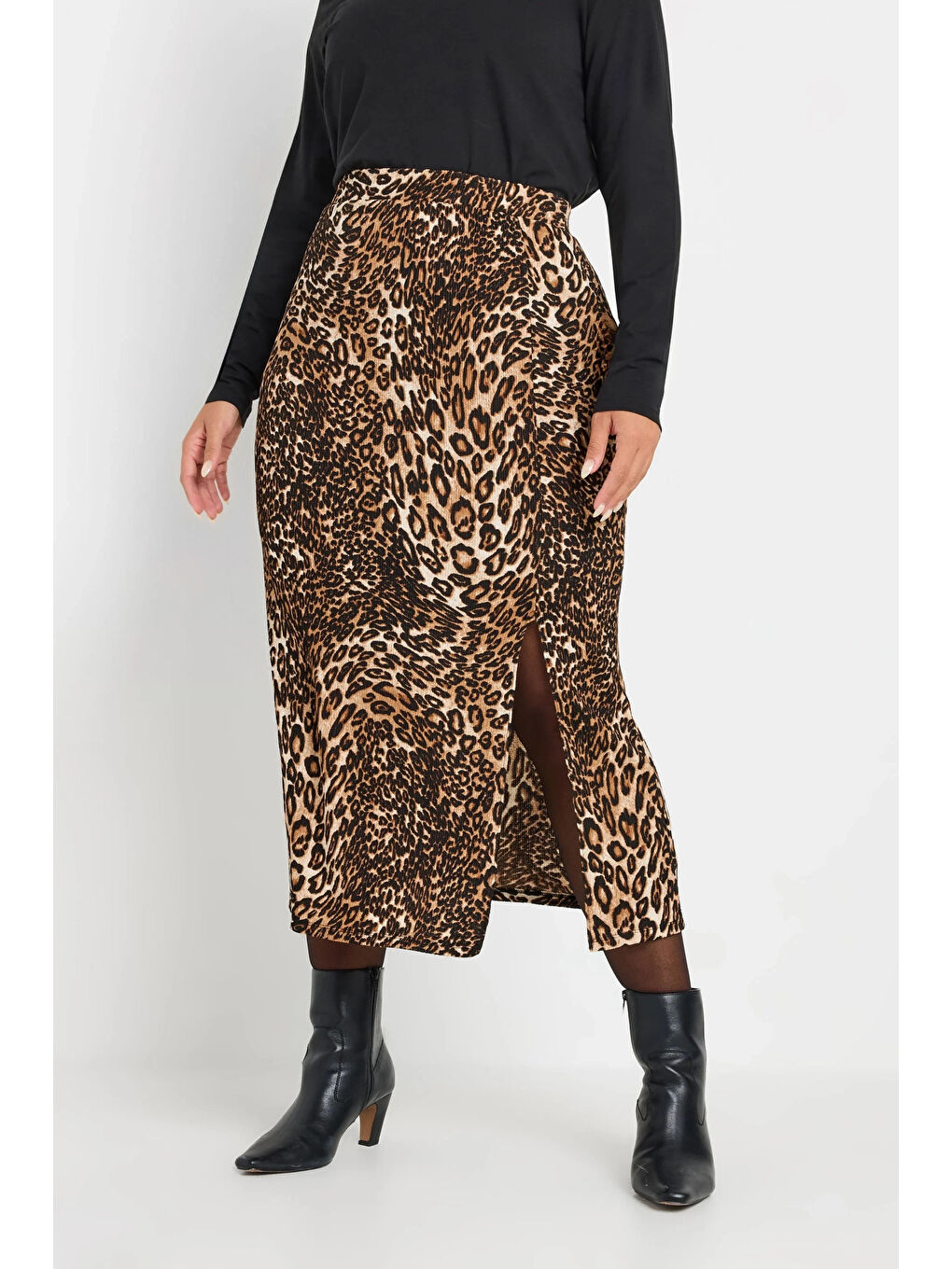 Karışık Büyük Beden Beli Lastikli Yırtmaçlı Leopar Desenli Midi Boy Etek 303706-4