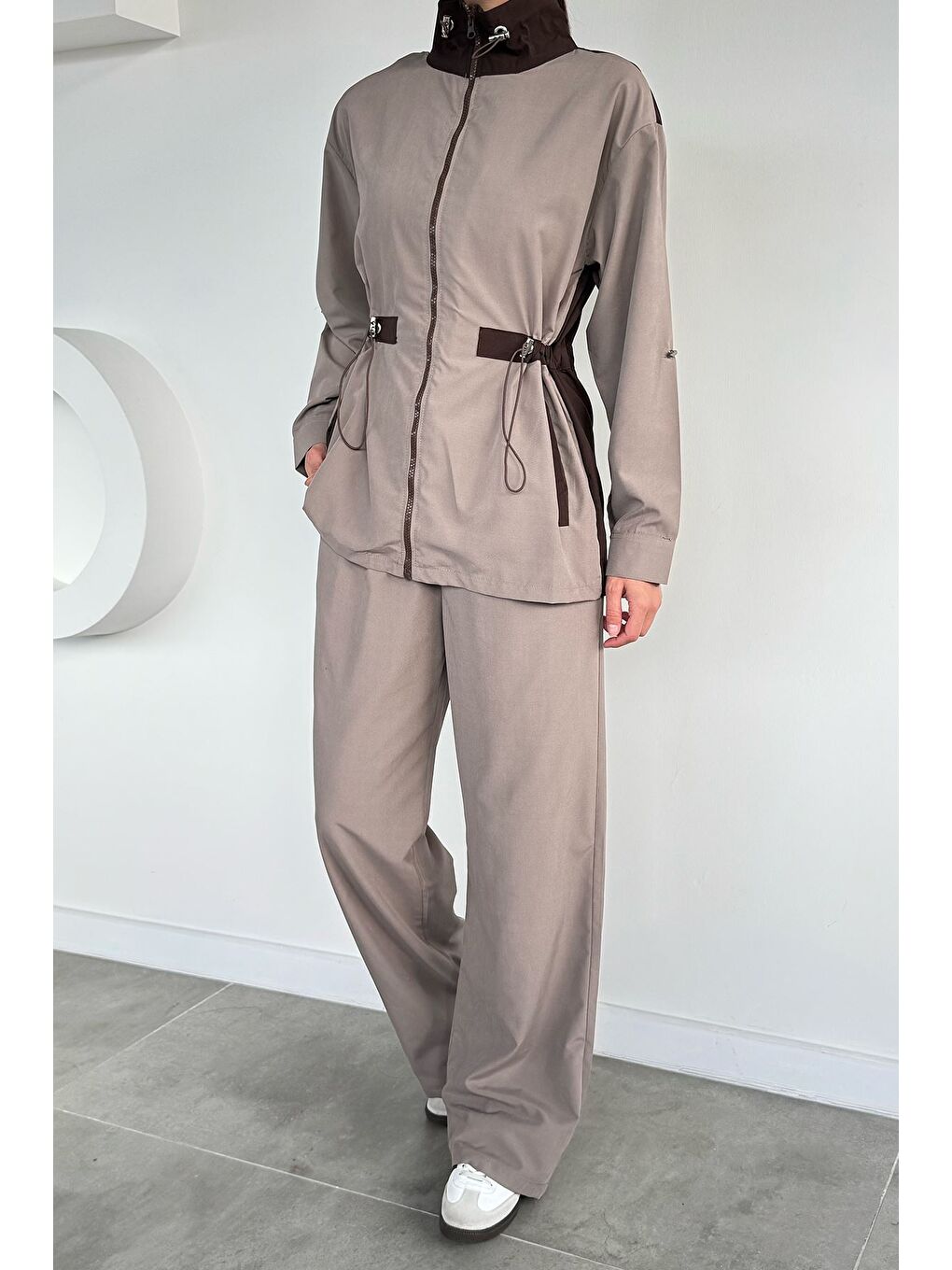 Bej Kadın Bel Lastikli Fermuarlı Ceket Pantolon İkili Takım-1